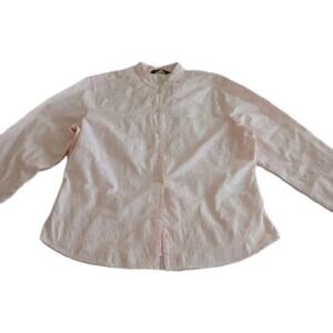 Eddie Bauer Button Blouse Womens XL Pink Collared Embroidery Floral Fabric Shiny
